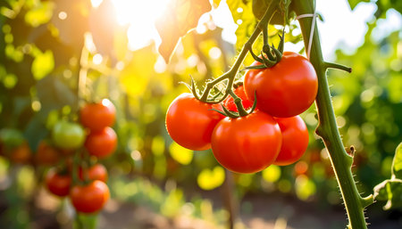 A fresh red ripe tomato growing on green vine in garden. warm sun shines on organic vegetable, creating vibrant and beautiful summer farm scene with sun flareの素材