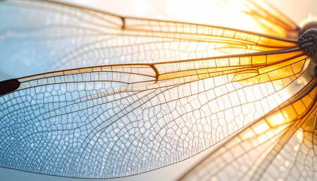 A serene macro of delicate dragonfly wing glowing in golden sunlight. transparent pattern and intricate detail show peaceful design of this beautiful insectの素材