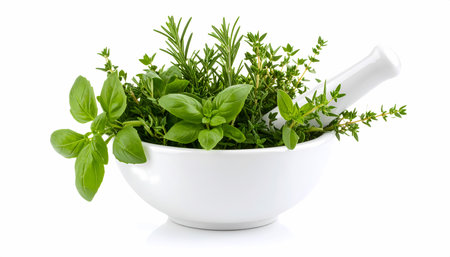 A fresh aromatic green herbs like basil, rosemary, and thyme in white mortar with pestle. this assortment for cooking or seasoning represents sense of wellness and natural foodの素材