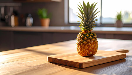 A fresh ripe pineapple sits on wooden cutting board in warm, sunlit kitchen. this food still life represents healthy eating, cooking with natural fruit, and tropical lifestyleの素材