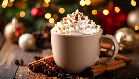 A cozy mug of hot chocolate with whipped cream and cinnamon, warm winter drink for festive holiday. sweet christmas beverage with bokeh light in backgroundの素材