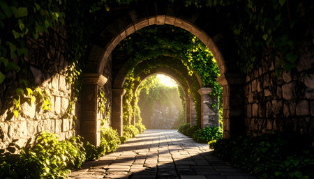An ancient stone archway tunnel covered in green ivy leads to serene, beautiful, magical light. mysterious path in fantasy ruin evoking hope and discoveryの素材