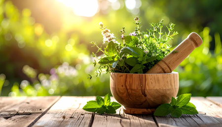 A fresh green herb in wooden mortar with pestle on table outdoors. natural medicine and aromatherapy concept with warm sunlight for peaceful feeling of wellnessの素材
