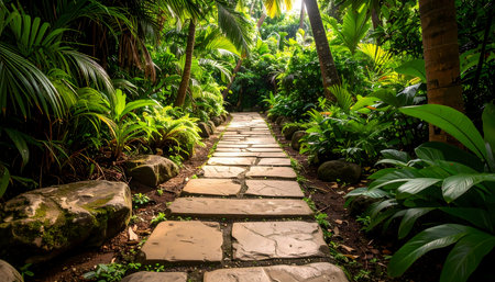 A serene stone pathway leads into lush green tropical jungle. tranquil walkway with sunlit path into deep forest background evokes feeling of peace and explorationの素材