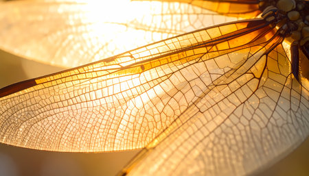 A serene macro detail of dragonfly wing glowing in warm golden sunlight. beautiful abstract background showing intricate texture and pattern of insectの素材