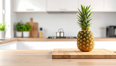 A fresh whole pineapple fruit on wooden cutting board on countertop. healthy food in bright, modern kitchen interior with blurred background for copy spaceの素材