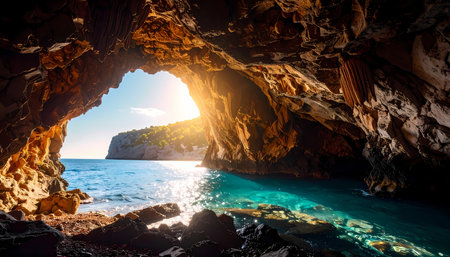 A serene sea cave with golden rock formation view looking out to ocean coast at sunrise. sun shines on clear water landscape creating majestic, peaceful nature sceneの素材
