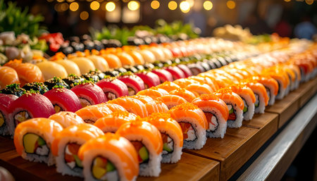 An appetizing large set of fresh delicious sushi rolls on wooden platter. variety of colorful japanese food like salmon maki and tuna at restaurant buffetの素材