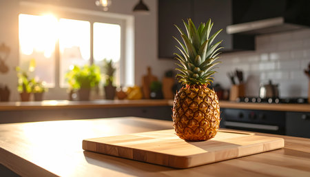 A fresh whole pineapple on wooden cutting board in modern kitchen. bright morning sunlight streams through window creating warm, inviting atmosphere for healthy food prepの素材