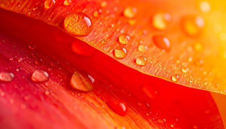 A serene macro closeup of fresh flower petal with red and orange gradient. small water drop details cover vibrant texture, creating beautiful nature backgroundの素材