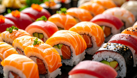 A delicious and fresh set of japanese sushi maki roll. gourmet food assortment showing traditional cuisine with variety of salmon and tuna seafood for healthy mealの素材