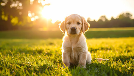 A cute golden retriever puppy, young dog and pet animal, sitting on green grass. adorable canine enjoying warm sunlight during beautiful outdoor sunset in parkの素材