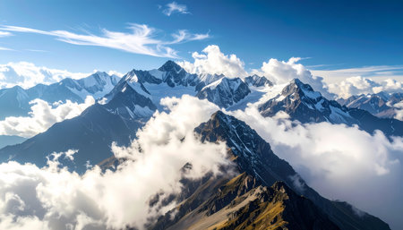 A majestic snow capped mountain range with high peaks rising above clouds under blue sky. breathtaking and serene epic landscape view from high altitudeの素材