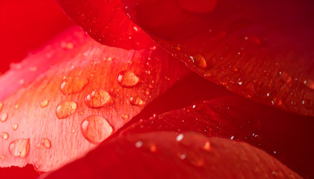 A passionate macro close up of fresh, beautiful red flower petal with water drop. vibrant nature detail creates sensual and romantic background with pure textureの素材
