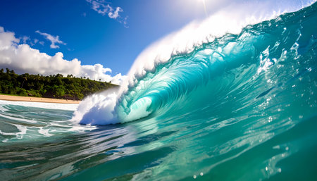 A powerful blue ocean wave curling in sea under bright sun. beautiful view from water of tropical surf beach, creating majestic and serene feelingの素材