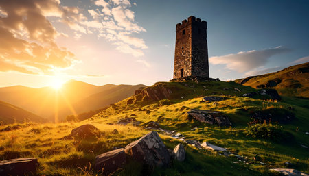 A serene ancient stone tower on mountain landscape at sunrise. this majestic castle ruin sits on remote hill, bathed in beautiful golden light from rising sunの素材
