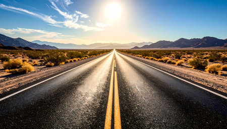 An empty desert highway road leading to horizon with bright sun overhead. vast, scenic landscape evokes feeling of freedom and an endless journey into futureの素材