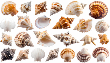 A beautiful assortment and collection of marine seashell specimens isolated on white background. this detailed macro pattern shows various mollusk and ocean shellsの素材