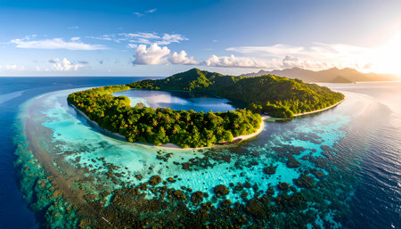 A serene aerial view of beautiful tropical island paradise with central lagoon. turquoise ocean surrounds coral reef and lush green forest under sunny summer skyの素材
