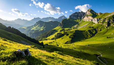 A serene, beautiful mountain landscape with green valley and scenic hill. bright sunlight on summer day creates peaceful, tranquil view of this natural wonderの素材