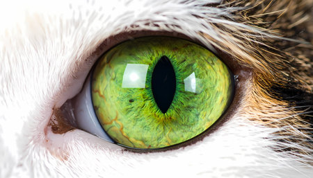 A detailed macro close up of captivating green cat eye with vertical pupil, staring intently. surrounding white and brown fur adds texture to sharp imageの素材