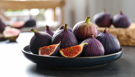 A beautiful still life of fresh ripe purple fig fruit in dark bowl. sweet and healthy food creating calm and rustic feeling, delicious and natural gourmet dietの素材