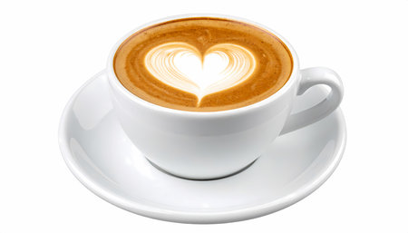A warm cup of coffee latte with heart art shape foam. lovely and comforting drink in white cup on isolated white background perfect for romantic morning or breakの素材