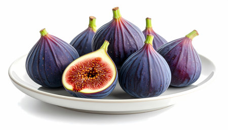 A delicious group of fresh ripe purple fig fruit on white plate. one half cut fig shows its sweet red inside. healthy food isolated on white background, appetizing and naturalの素材