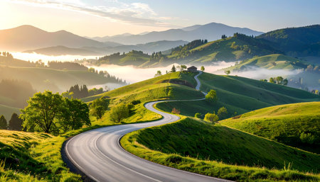 A winding road through green rolling hills at sunrise. tranquil mountain landscape scene with morning fog and warm light, perfect view for scenic travel journeyの素材