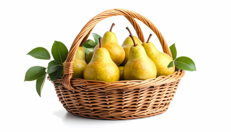 An inviting wicker basket full of fresh ripe yellow pear fruit and green leaf. this healthy, organic harvest still life looks bountiful, isolated on clean white backgroundの素材