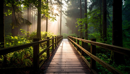 A tranquil wooden bridge walkway leads along forest path into nature. bright morning sunlight and golden light stream through tall tree, creating serene sceneの素材