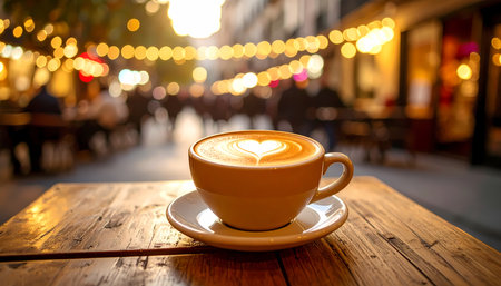 A warm cup of coffee latte with romantic heart art on wooden table. cozy outdoor cafe on city street at evening has beautiful golden bokeh light in backgroundの素材