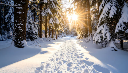 A beautiful winter path through snowy forest with bright sun and light. peaceful and tranquil landscape scene during sunrise creating hopeful and serene feelingの素材