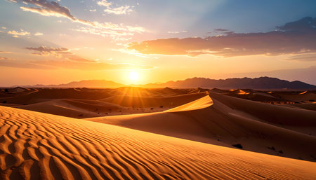 A beautiful serene desert landscape at sunset with golden sun. orange sky and dramatic light create tranquil scene over vast sand dune and distant mountainの素材