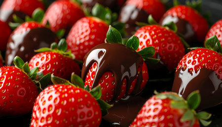 A close up of fresh red strawberry fruit covered in delicious melted dark chocolate. sweet indulgent gourmet dessert perfect for romantic valentine celebration or sweet treatの素材