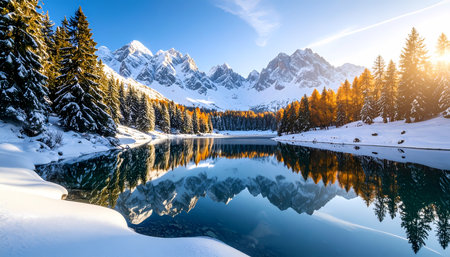 A tranquil mountain lake reflects scenic forest covered in winter snow at sunrise. this serene landscape captures majestic beauty of nature with golden trees and cold airの素材