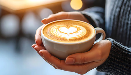 A woman hands holding warm white cup of coffee latte with heart foam art. cozy and relaxing morning beverage in cafe representing love and enjoyment and comfortの素材