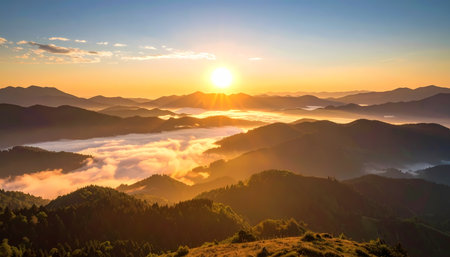 A beautiful sunrise over mountain landscape. sun shines brightly in morning sky, casting light on scenic view of clouds filling valley. peaceful nature sceneの素材
