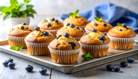 A delicious batch of homemade blueberry muffin on baking tray. fresh breakfast food, sweet dessert snack ready to eat. appetizing golden pastry with fruit and mint garnishの素材