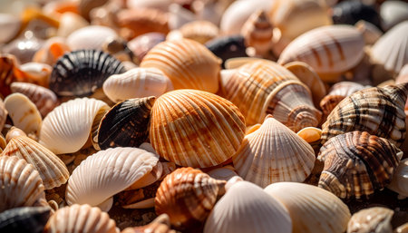 A beautiful collection of natural seashell on sand. close up background texture of ocean shells from beach evoking calm and warm summer holiday memoryの素材