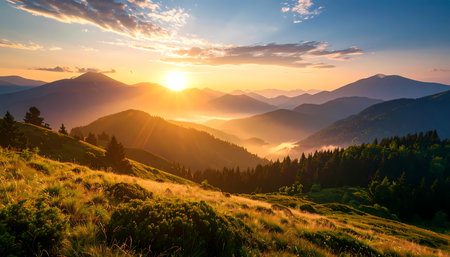 A beautiful scenic sunrise over mountain landscape. golden sun shines its light across tranquil nature of valley and forest, creating peaceful and inspiring viewの素材