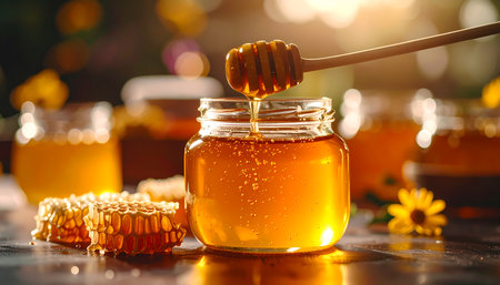 A golden honey dripping from wood dipper into glass jar. sweet, natural, organic food with honeycomb on table expresses warm, healthy, and delicious feelingの素材