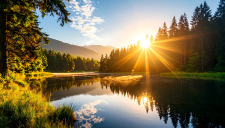 A serene sunrise over peaceful mountain lake with golden light and tranquil reflection. beautiful scenic forest landscape with calm sky, perfect for nature backgroundの素材