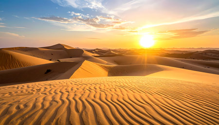 A beautiful desert landscape with golden sand dune at sunset. serene sun and sky create peaceful nature background, an inspiring sight for travel adventureの素材