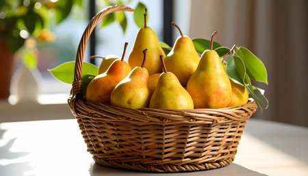 A woven wicker basket full of ripe yellow pear with green leaf on table in warm sunlight. fresh organic fruit create healthy and inviting still life sceneの素材