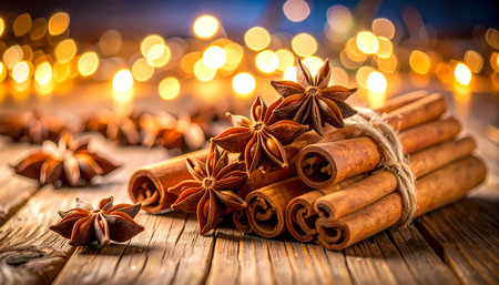 A warm aromatic bundle of cinnamon and star anise spice on wood table. festive christmas and winter background creating cozy and inviting holiday atmosphereの素材
