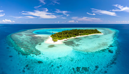 A serene aerial drone view of tropical island paradise with white sand beach. this peaceful ocean landscape is an idyllic destination for summer travel escape and vacationの素材