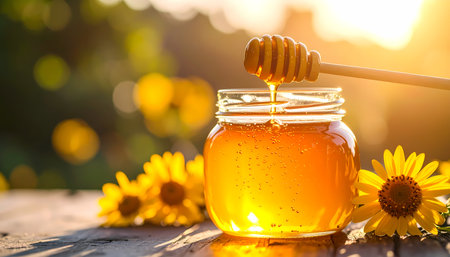 A golden honey dripping from wooden dipper into glass jar. this sweet, natural, organic food sits with yellow flower in warm sunlight, creating beautiful and delicious sceneの素材