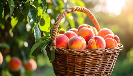 A wicker basket full of ripe fresh peach fruit in summer garden orchard at sunset. warm sunlight highlights abundant harvest and organic, healthy food in natureの素材