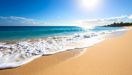 A peaceful tropical beach with golden sand and blue ocean wave under sunny summer sky. beautiful serene water and bright sun create an idyllic vacation backgroundの素材
